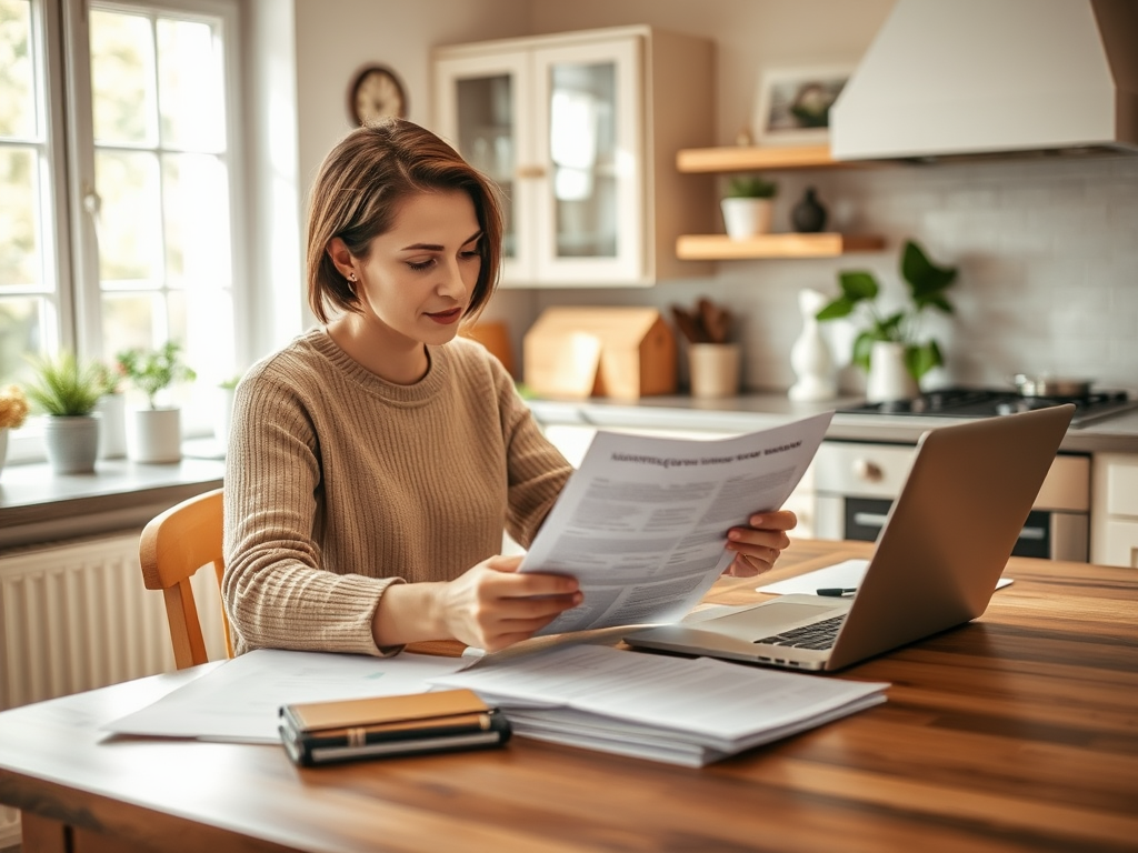 Женщина сидит за столом, изучая документы рядом с ноутбуком и бумагами в светлой кухне.