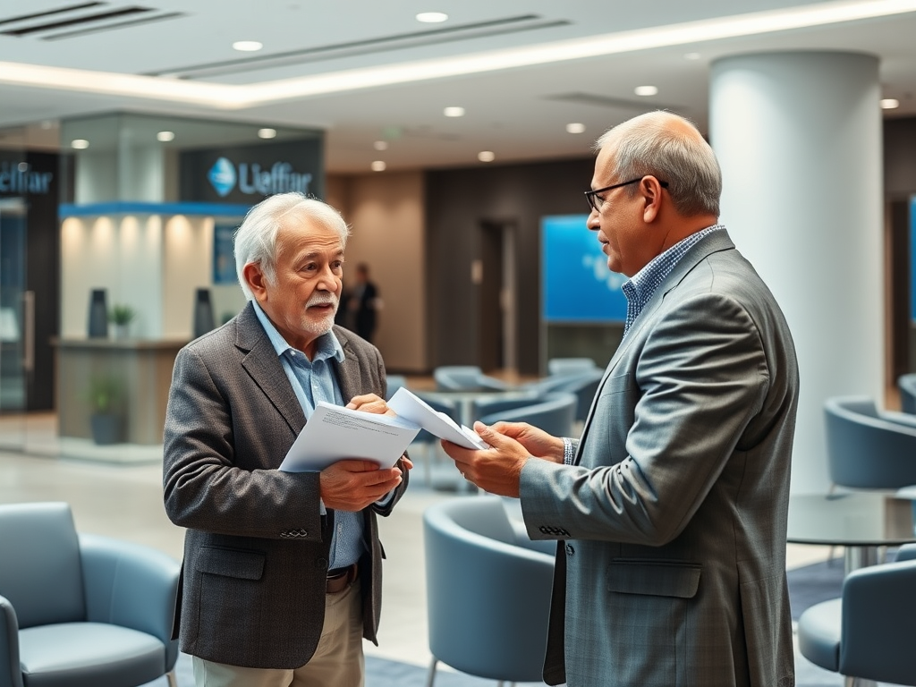 Два пожилых мужчины обсуждают документы в бизнес-центре, между ними ведется напряжённый разговор.