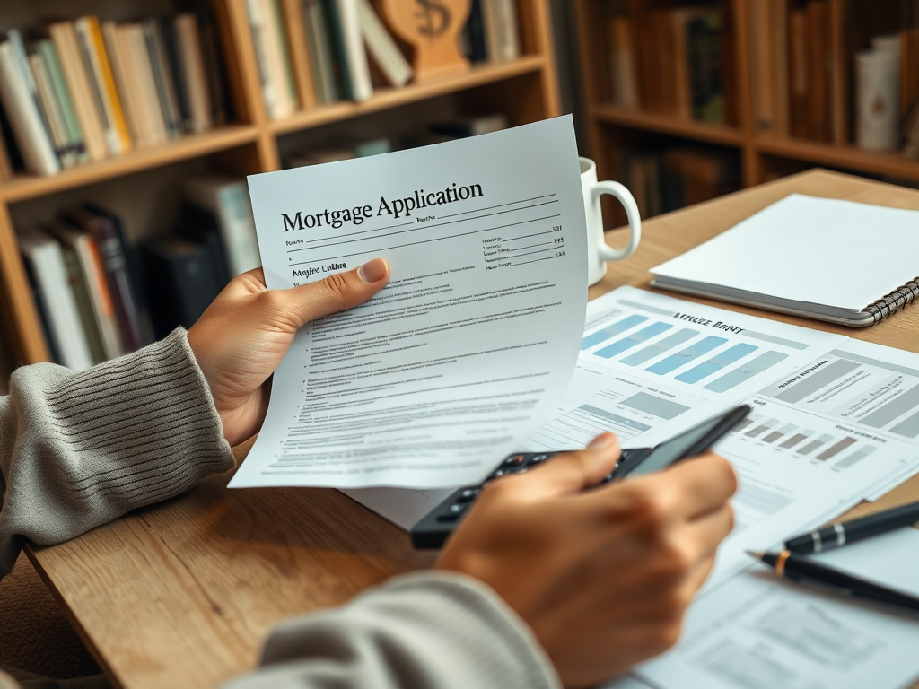 Человек заполняет заявку на ипотеку, держа документы и телефон на столе с бумагами и чашкой.