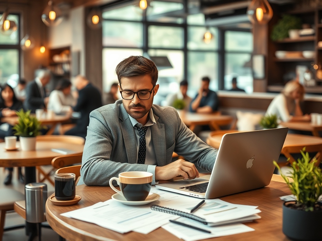 Молодой человек в деловом костюме работает за ноутбуком в кафе, перед ним чашка кофе и документы.
