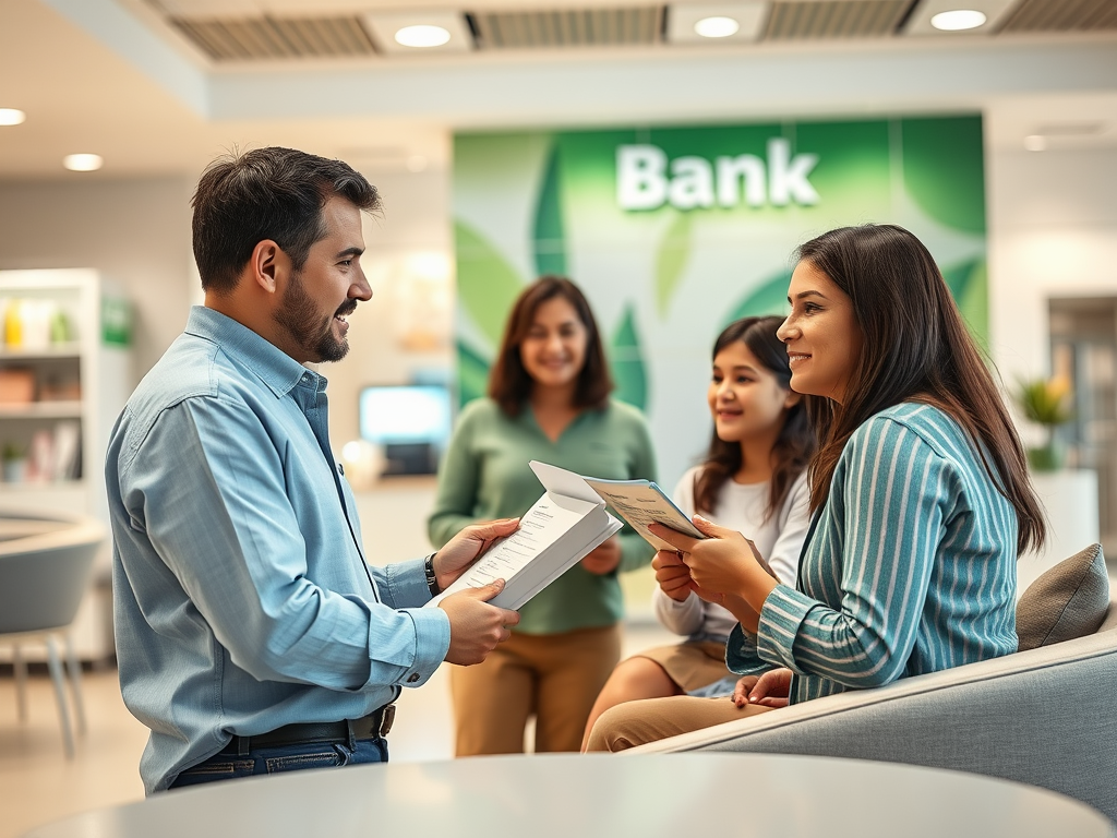 На изображении мужчина обсуждает документы с женщиной. На заднем плане стоят две девушки. интерьер банка.