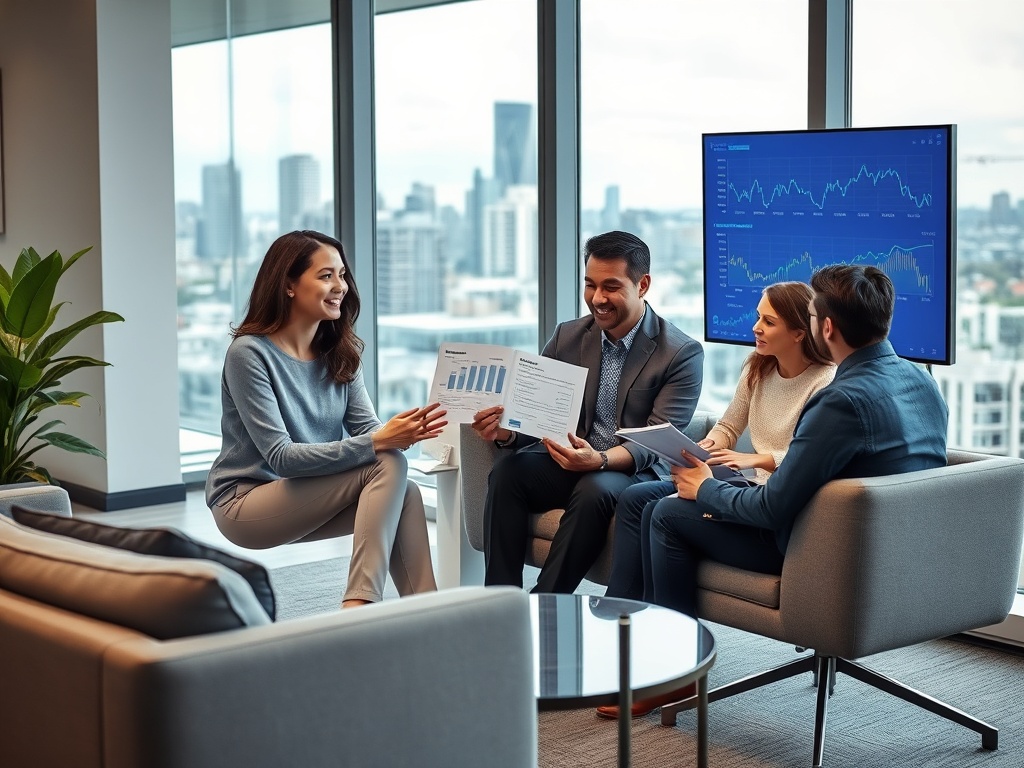 Четыре человека обсуждают отчеты в офисе с панорамным видом на город. На экране графики данных.