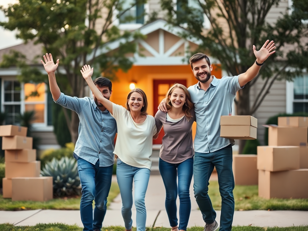 Группа друзей счастливо позирует у нового дома, обнимая друг друга и поднимая руки в воздухе.