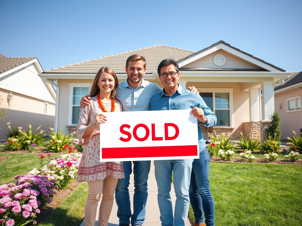 Счастливая пара с табличкой "Продано" на фоне нового дома и цветущего сада.