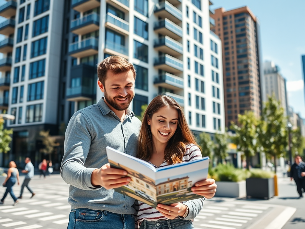 Пара улыбается и изучает буклет на фоне современных зданий в городском пейзаже.