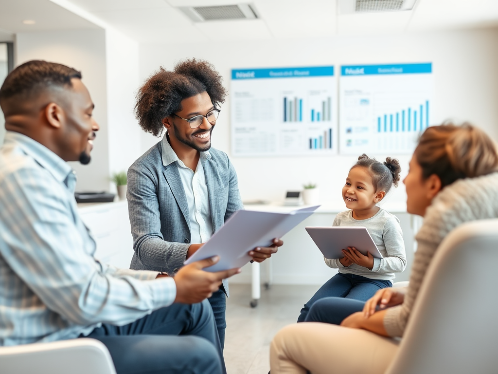 Четыре человека сидят за столом, обсуждая документы и улыбаются, в офисе с графиками на стене.