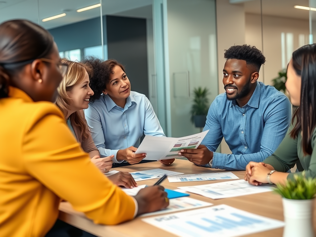 Группа людей обсуждает материалы на совещании в современном офисе. Они несут деловую активность.