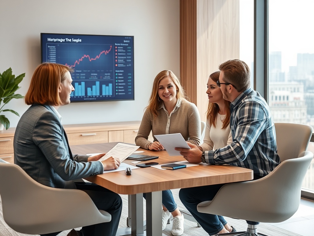 Четыре человека обсуждают бизнес-стратегию за столом в современном офисе, на экране графики и данные.