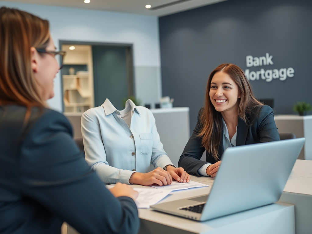 Две женщины сидят за столом в банковском офисе, обсуждая условия кредита с ноутбуком на столе.