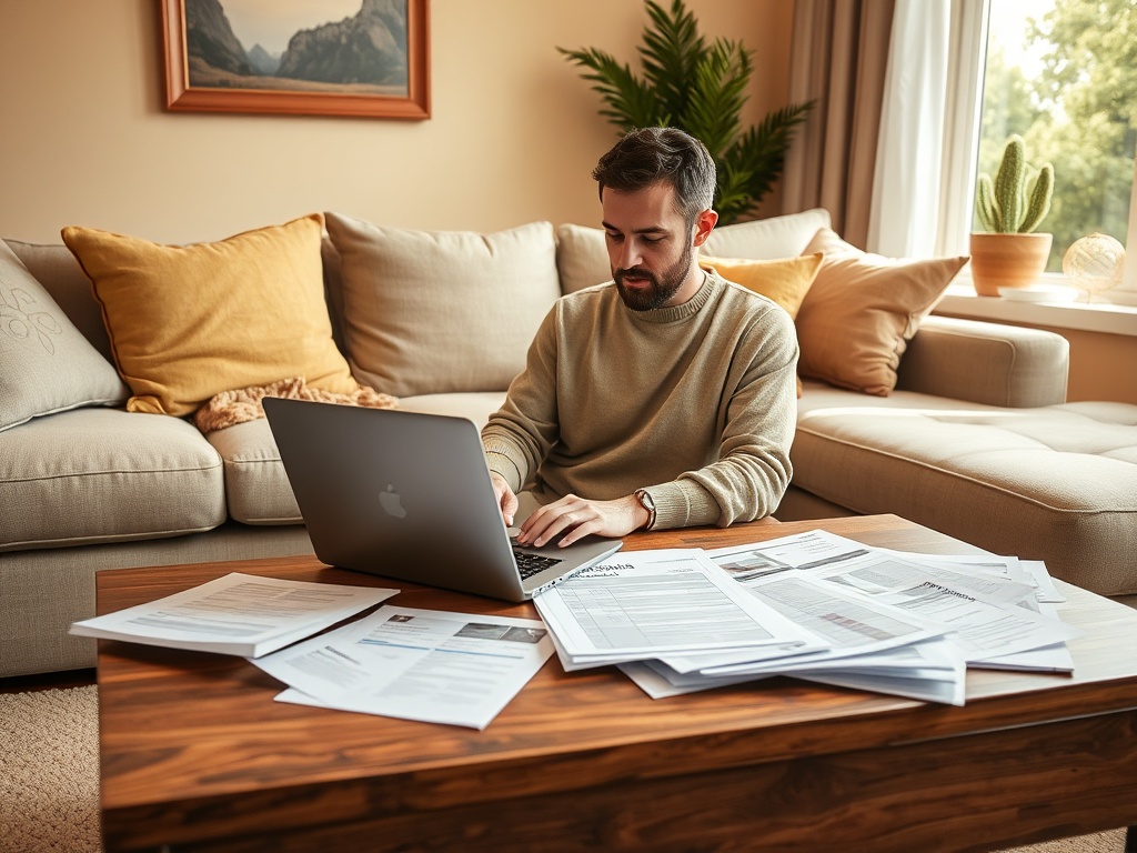 Мужчина работает за ноутбуком, окруженный документами, в уютной комнате с растениями и мягким диваном.
