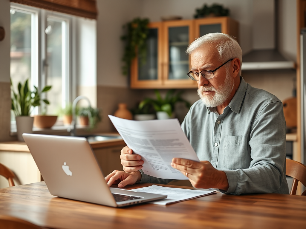 Пожилой мужчина читает документы, сидя за столом с ноутбуком в уютной кухне.