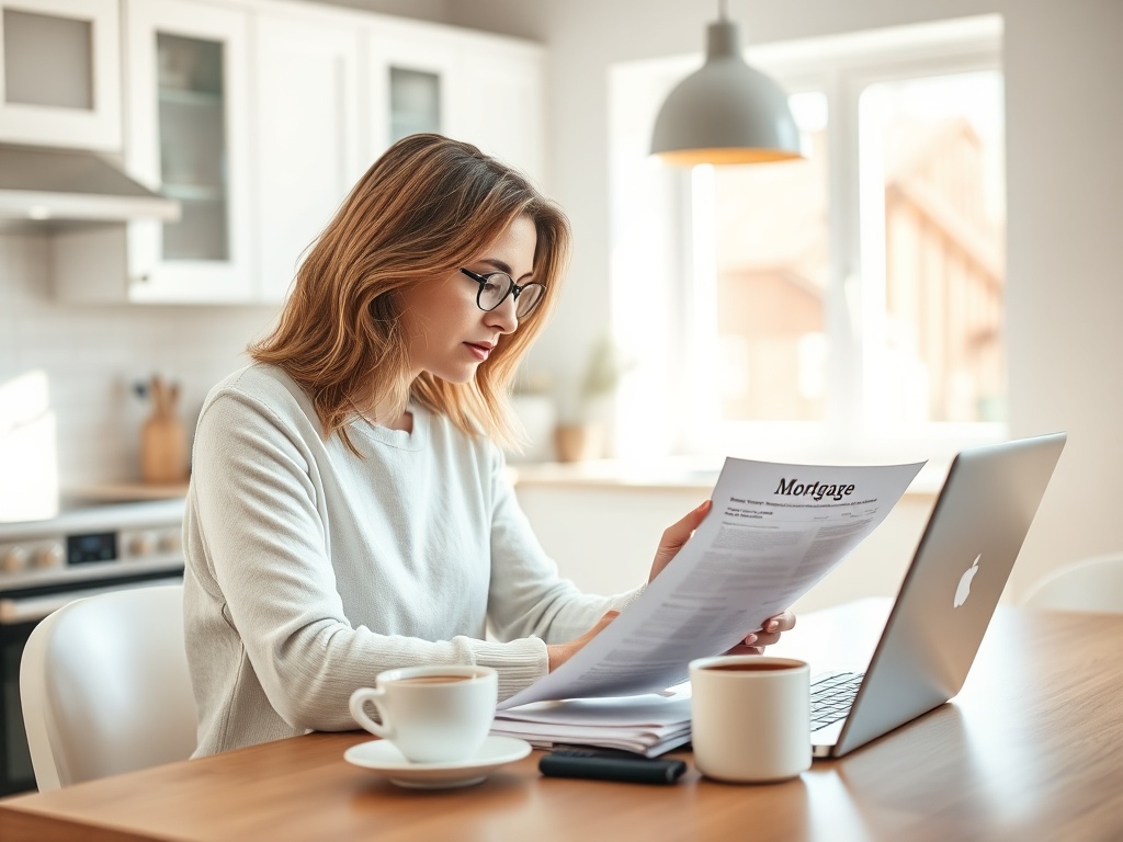 Женщина в светлом свитере читает документы по ипотеке за столом с ноутбуком и чашкой кофе.