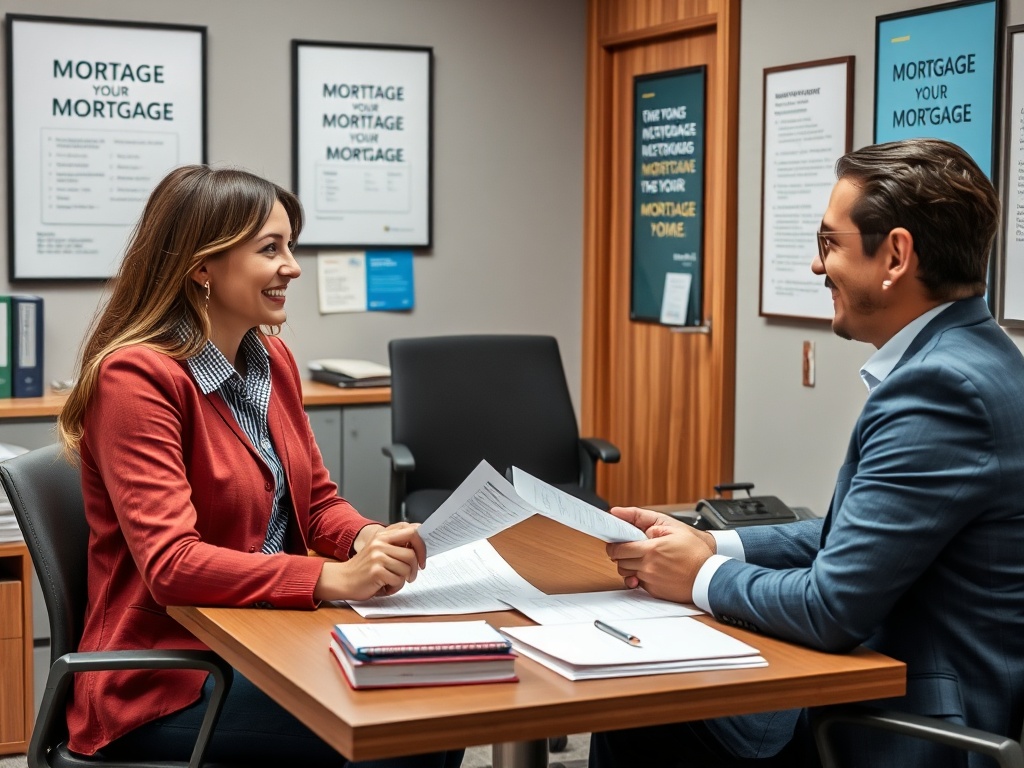Два человека сидят за столом, обсуждая документы в офисе по ипотечному кредитованию.