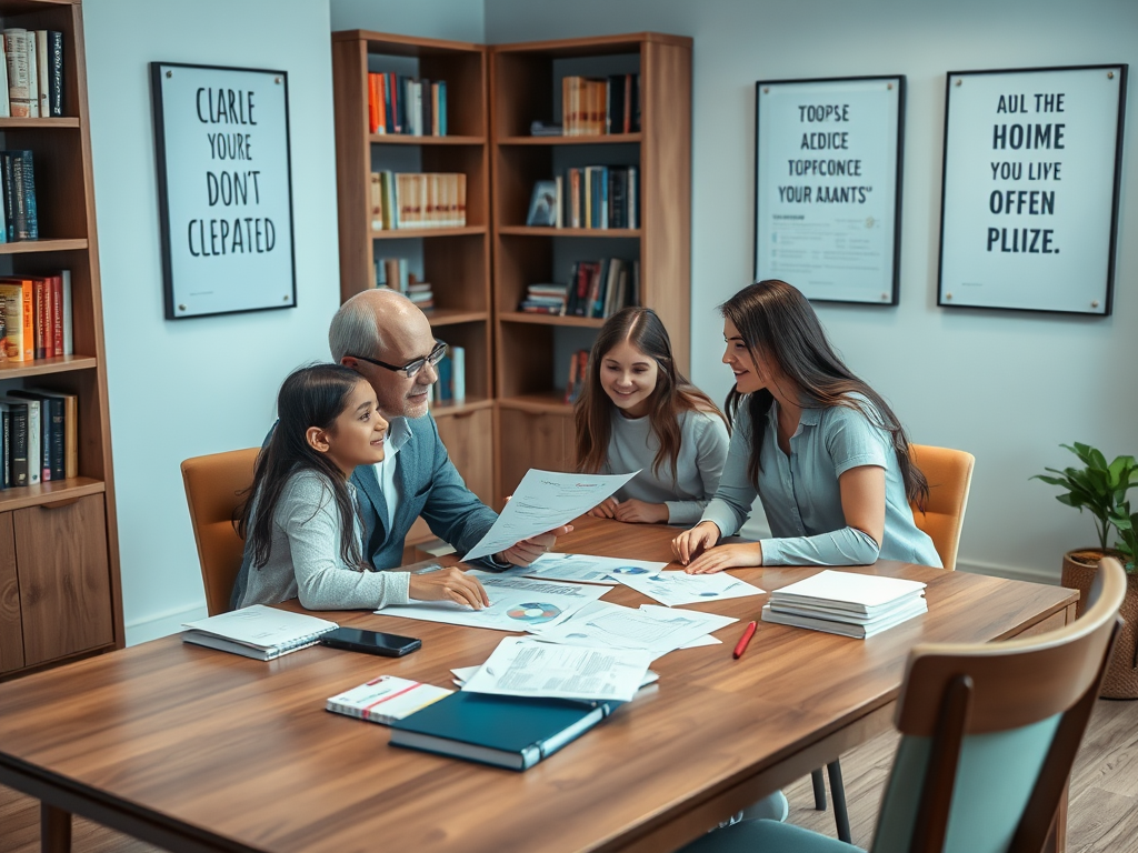 На изображении семья обсуждает документы за столом в офисе. Атмосфера дружелюбная и поддерживающая.
