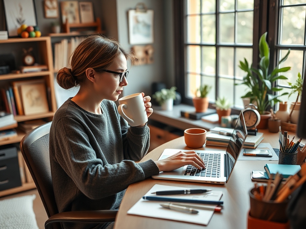 Женщина в сером свитере пьет кофе и работает за ноутбуком в уютном офисе. Стол оформлен растениями и канцтоварами.