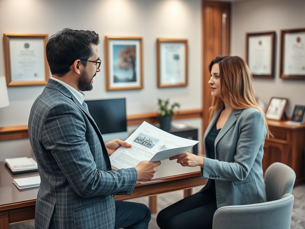 Два человека в деловых костюмах обсуждают документы в офисе, окруженном дипломами и наградами.