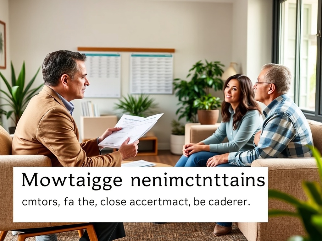 На встрече мужчина обсуждает документы с парой в уютной комнате с растениями и окнами.