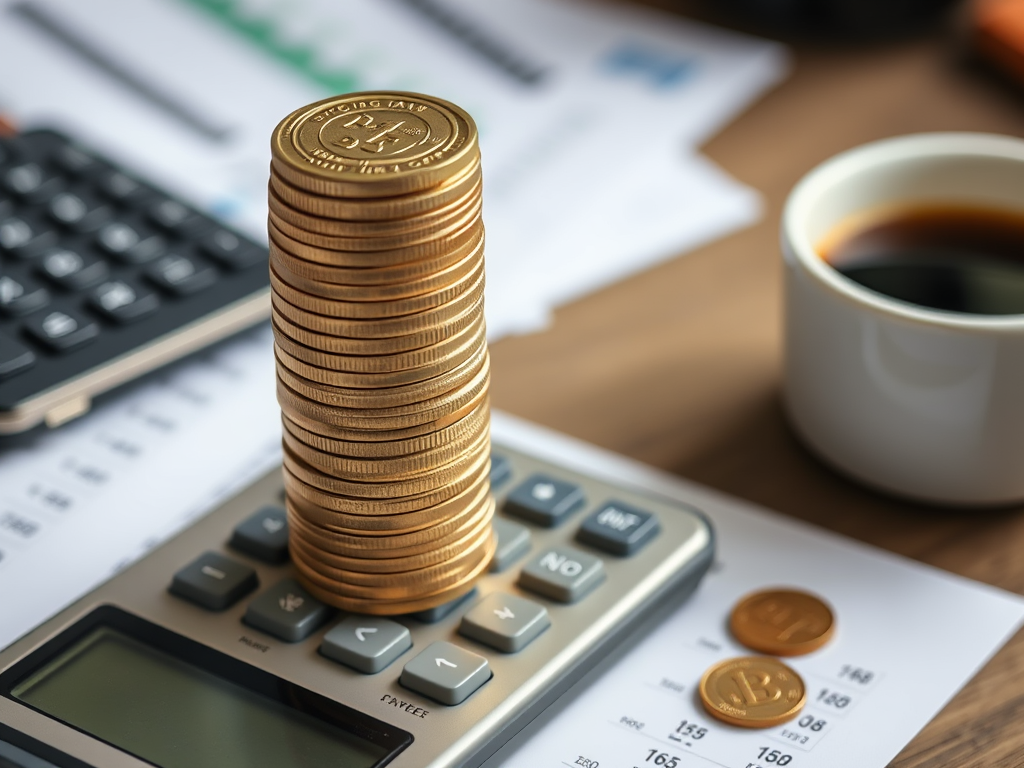 Стек монет на калькуляторе рядом с чашкой кофе и финансовыми документами.