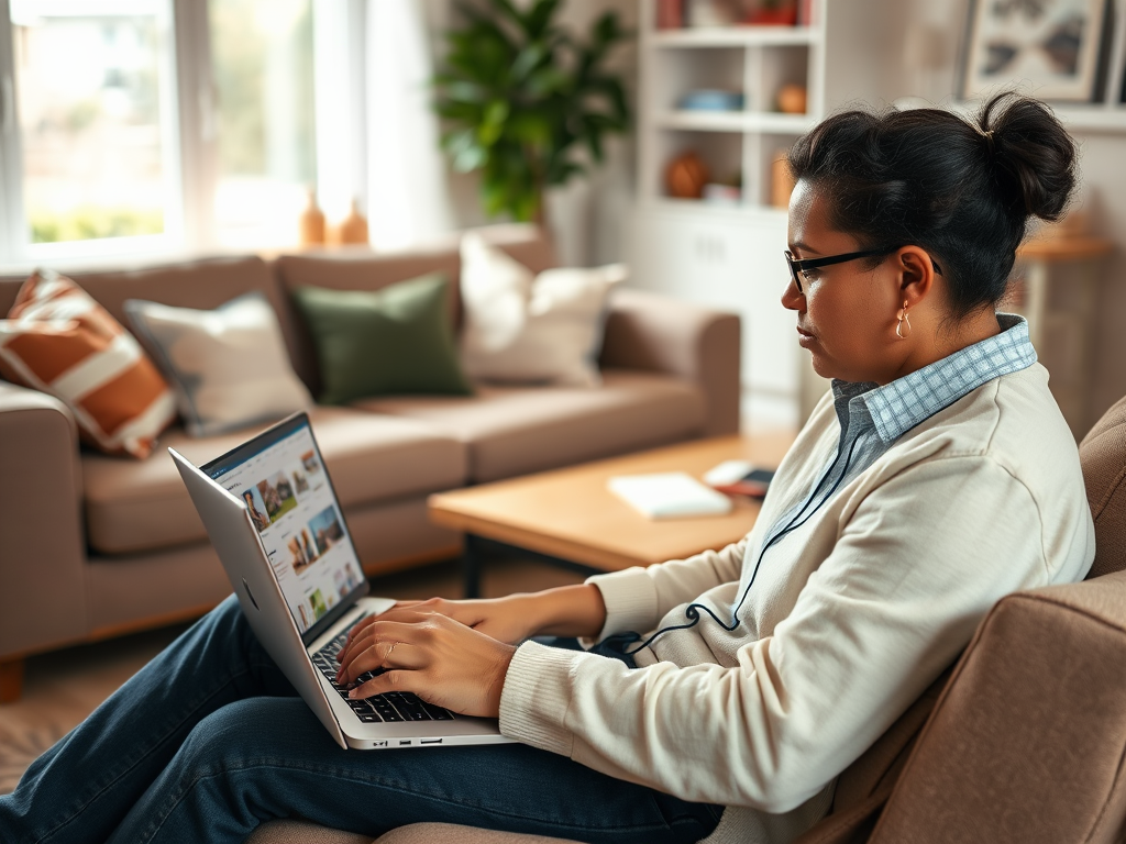 Женщина сидит на диване с ноутбуком, сосредоточенно работает в уютной комнате.
