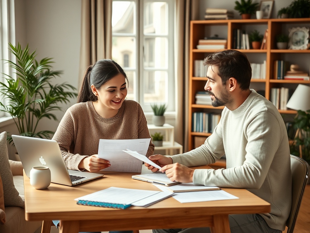 Два человека за столом обсуждают документы, работает ноутбук, в комнате светло и уютно.