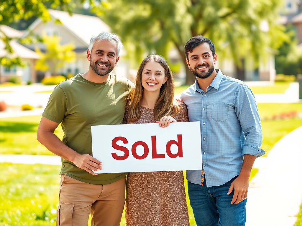 Трое людей стоят на улице, держат знак с надписью "Sold" на фоне домов и зелени.