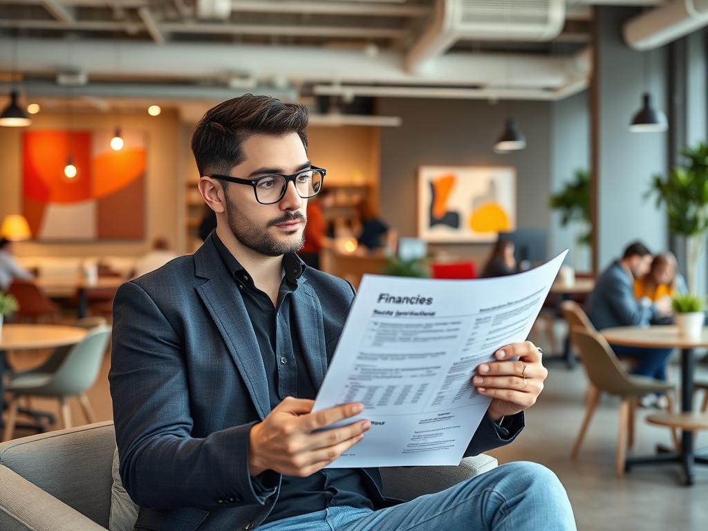 Молодой человек в деловом костюме читает документ о финансах в современном кафе. Вокруг другие посетители.