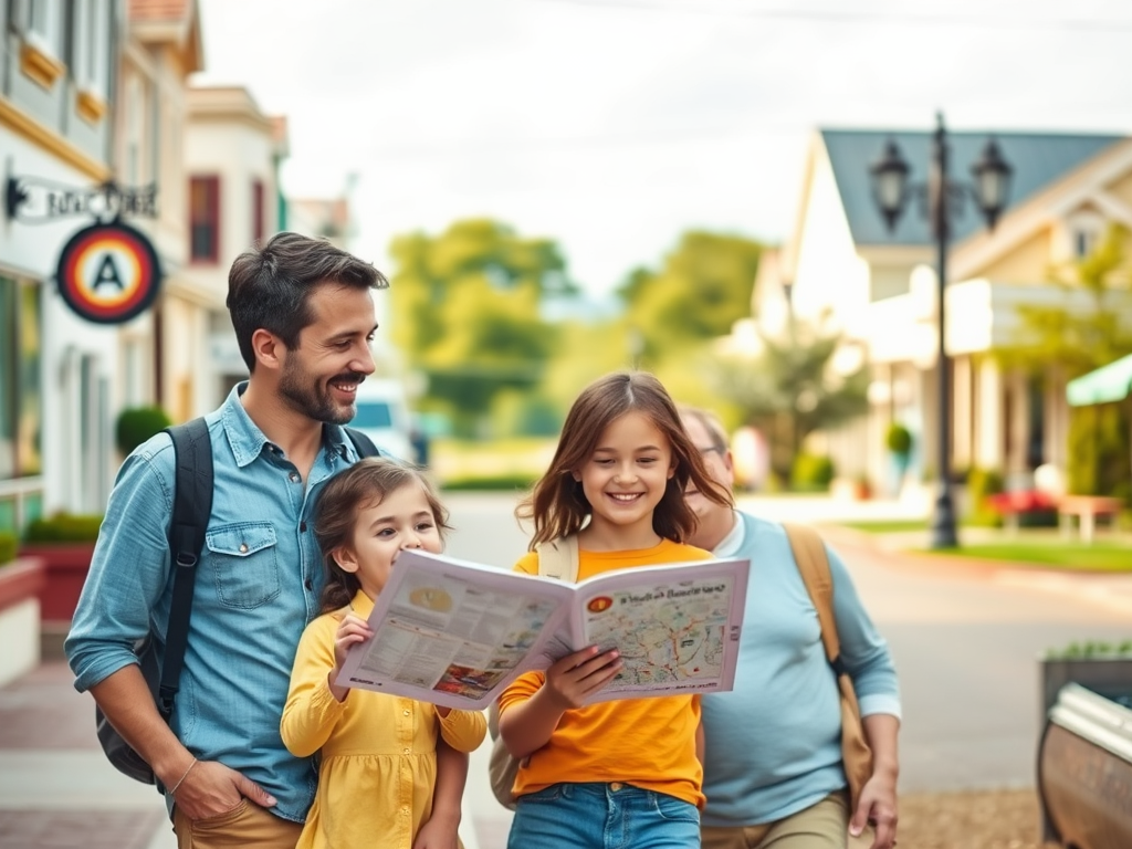Семья гуляет по улице, смотря на карту и наслаждаясь приятным днем. Дети улыбаются и изучают местность.