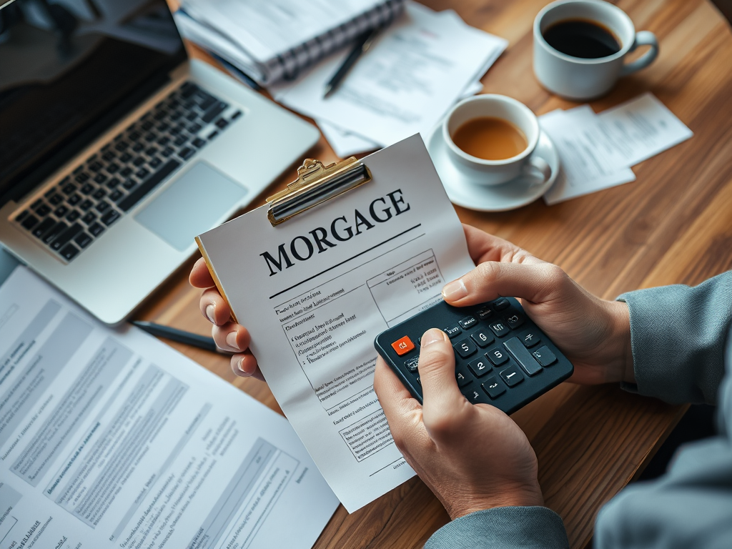 Человек держит документы по ипотеке и калькулятор, сидя за столом с ноутбуком и чашками кофе.