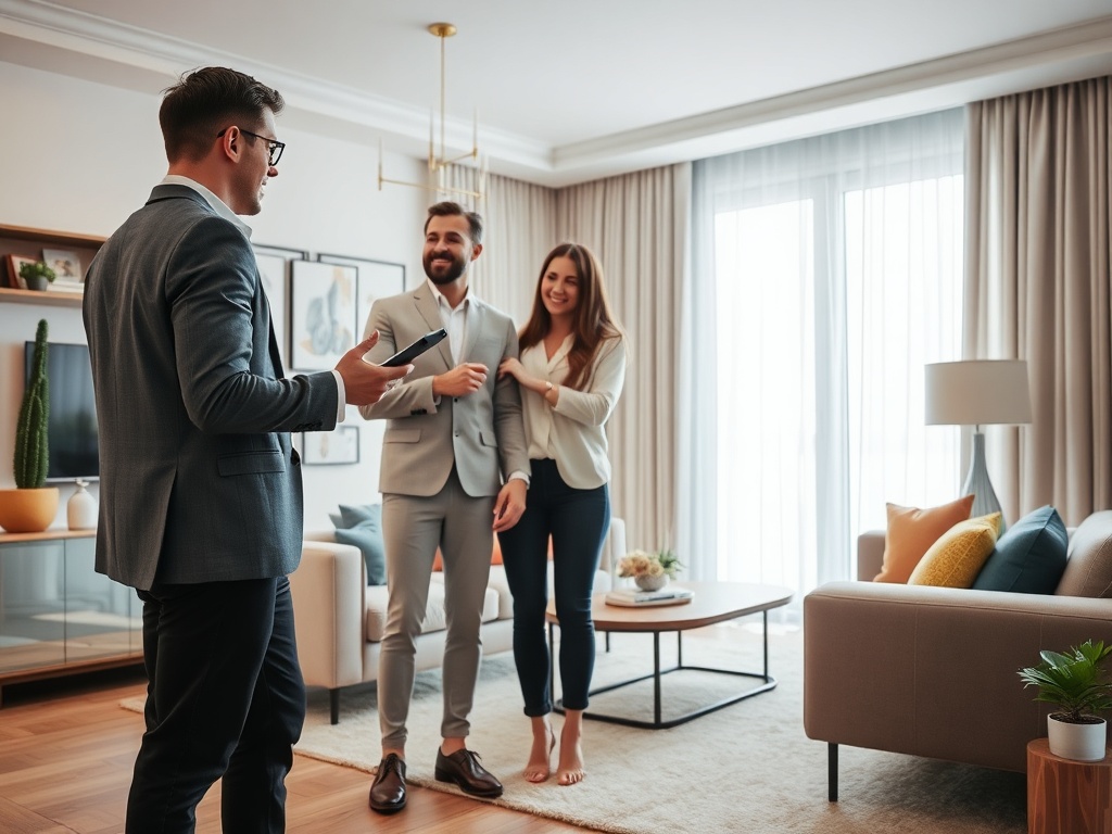 Мужчина в костюме рассказывает о недвижимости паре в уютной гостиной с яркими элементами декора.